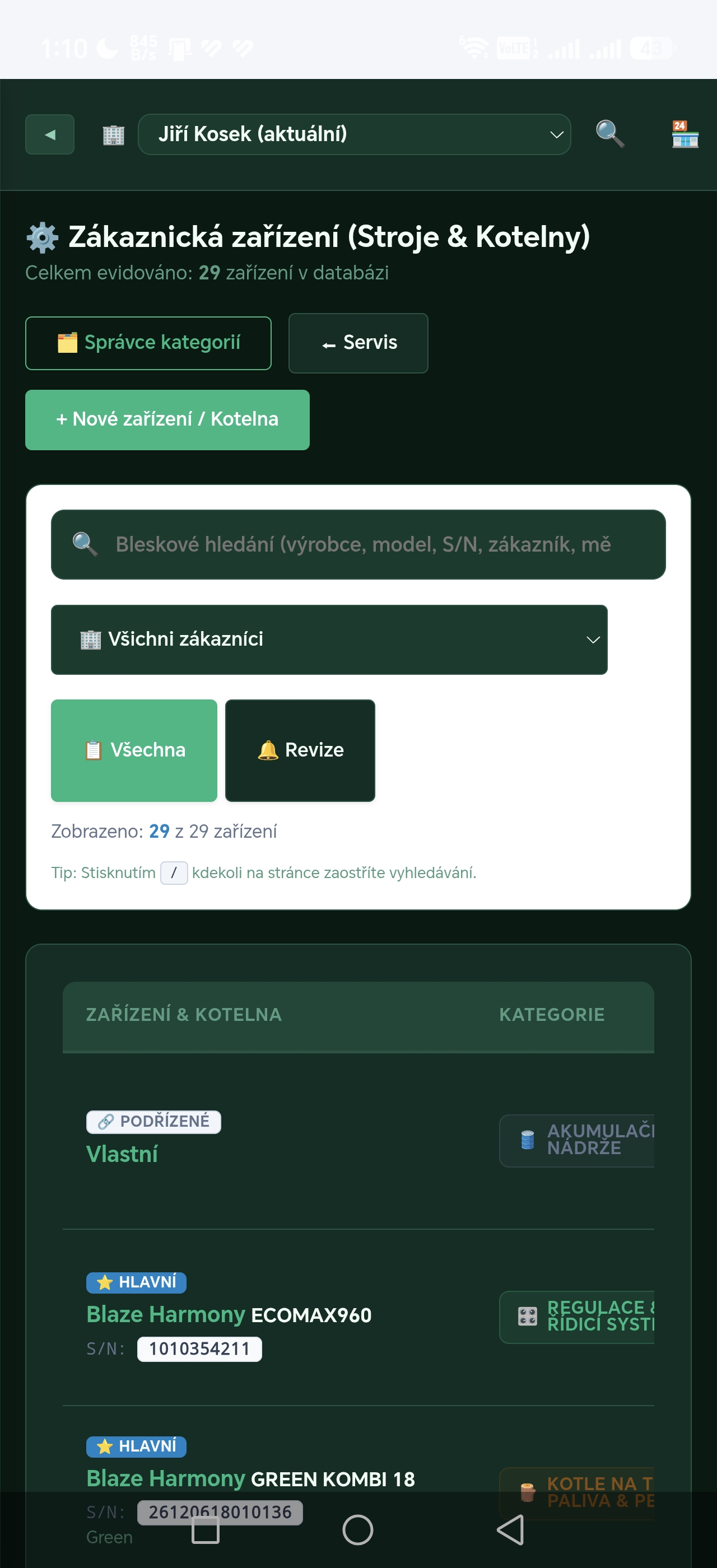 Mobilní aplikace – evidence kotlů a zařízení